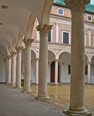 Italy, Marche, Urbino, the Ducal Palace arcaded courtyard.  - 419206750