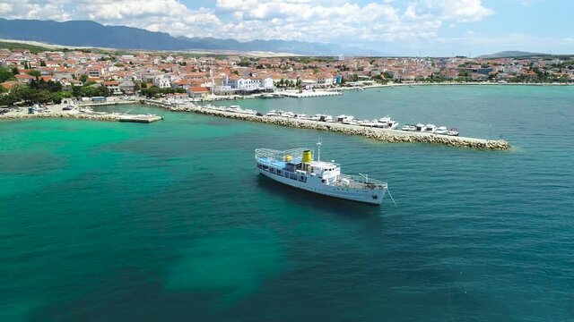 Town of Novalja on Pag island waterfront aerial view, archipelago of Croatia
