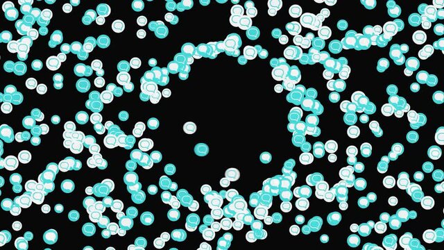 Abstract cloud with light blue and white dialog symbols moving on black background. Animation. Small icons forming an empty round space in the center of a screen.