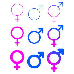 Set of colourful vector male, female and bigender symbols