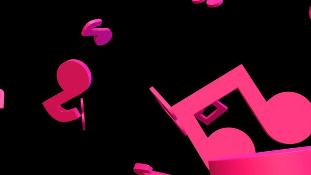 Pink musical notes on black background.
Camera moving backward.3d rendering abstract animation.