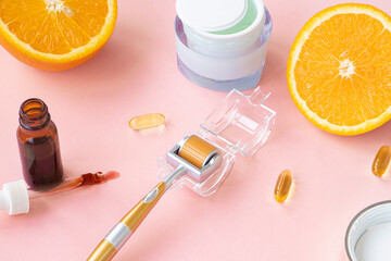 Natural vitamin c serum, skincare, essential oil products. Cosmetic brown glass vial dropper and...