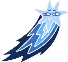 Funny space star with a train drawn flat vector illustration. Children book illustration design.  