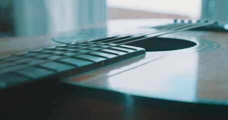 Macro close up of acoustic guitar strings and fret board