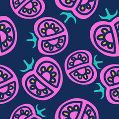Pattern with tomatoes drawn flat vector illustration. Tomatoes isolated on dark background.