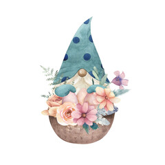 Watercolor Easter gnome with flowers and eggs on white background. Hand drawn illustration