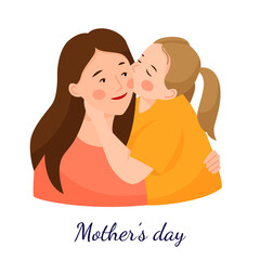Vector flat illustration for mothers day. Mom hugs her daughter. Parent-child relationship. Scene isolated on a white background.