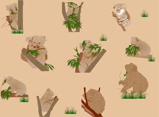 ten brown sketches of koala on light background