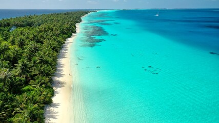 Bird's eye view of tropical islands in the ocean. View of the islands from a drone. Maldives, Thinadhoo (Vaavu Atoll), Dhigurah