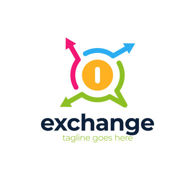 Money change chat logo. Currency exchange news and rates logotype. Vector line art and gradient illustration
