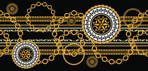 Seamless pattern decorated with precious stones, gold chains and pearls.	