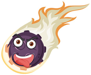 Flame meteor cartoon character with angry face expression on white background