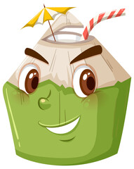 Cute coconut cartoon character with happy face expression on white background