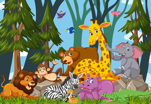 Wild animal group cartoon character in the forest