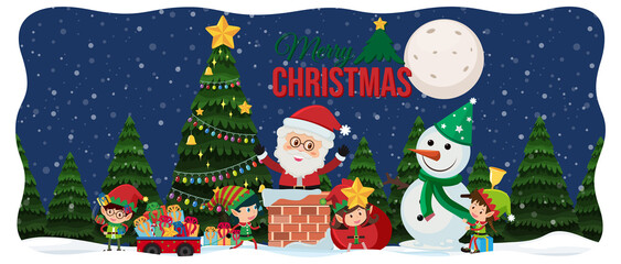 Merry Christmas font with Santa Claus in snow scene