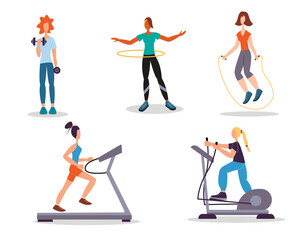Set of women female characters doing sport workouts with sports equipment and simulators isolated on white background. Gym or stay home sport conception. Woman action character vector illustration.