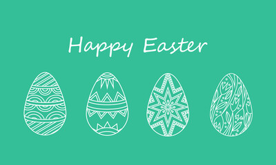 Happy easter letters inscription with set of different easter eggs. Spring seasonal traditional Christianity holiday. Hand drawn vector illustration.