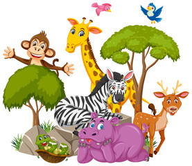 Obraz na płótnie Canvas Wild animal group cartoon character on white background