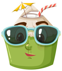 Cute coconut cartoon character wearing sunglasses on white background