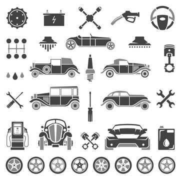 Retro cars and repair services vector icons set.