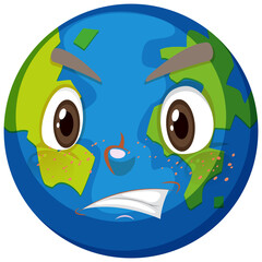 Earth cartoon character with angry face expression on white background