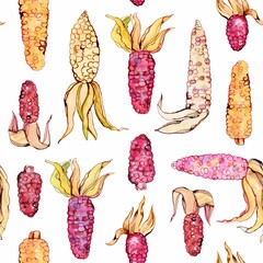 Watercolor and ink gemstone corn pattern on white. Seamless pattern with fresh veggies. Colorful background for textile, wallpapers, print and banners.