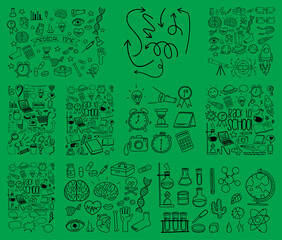 Set of object and symbol hand drawn doodle on green background