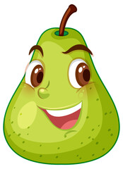 Green pear cartoon character with happy face expression on white background