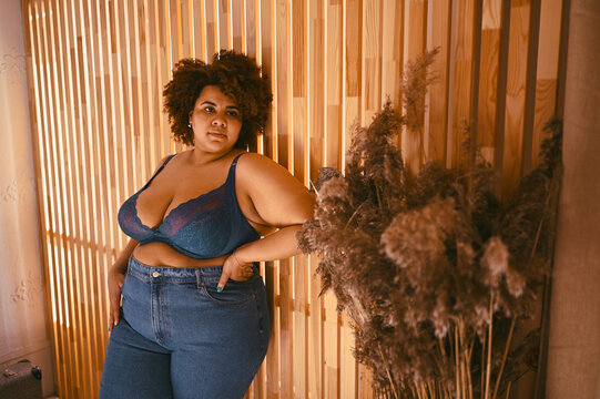 Beautiful stylish curvy oversize African black woman with afro hair posing in bra and jeans on wooden eco friendly background, body imperfection, body acceptance, body positive and diversity concept..
