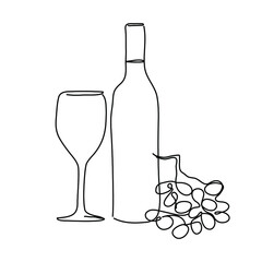 Vector one line drawing of a bottle of wine, a glass and a bunch of grapes. 