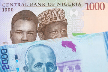 A macro image of a blue, purple and green one thousand  naira note from Nigeria paired up with a colorful two thousand colones bank note from Costa Rica.  Shot close up in macro.