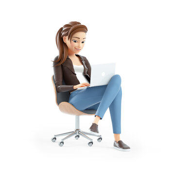 3d cartoon woman sitting in chair with laptop