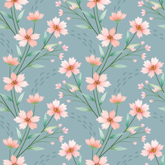 Abstract floral seamless pattern design. Cute hand drawn illustration. Small pink flowers and green leaves on gray background.