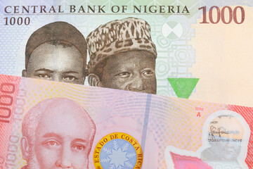 A macro image of a blue, purple and green one thousand  naira note from Nigeria paired up with a colorful red one thousand colones bank note from Costa Rica.  Shot close up in macro.