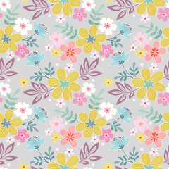 Abstract floral seamless pattern design. Cute hand drawn illustration. colorful elements on gray background.