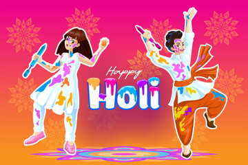 Holi Greetings with joyful Dancers in a Vibrant background