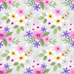 Abstract floral seamless pattern design. Cute hand drawn illustration. Pink, white and purple flowers on gray background.