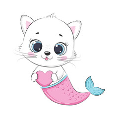 Cute little kitten and mermaid. Siren. Vector illustration