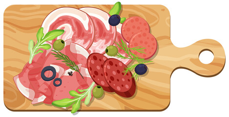 Top view of sliced meat set on a cutting board isolated
