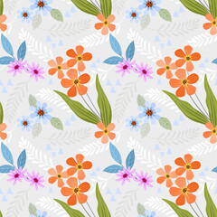 Abstract floral seamless pattern design. Cute hand drawn illustration. Orange flowers and green leaves on gray background.