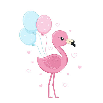 Cute flamingo with balloons. Vector illustration.