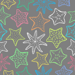 Fototapeta na wymiar Chalk starfish background. Children drawing starfish hand drawn wax crayons art on grey. Crayon style ocean animal backdrop. Color pastel crayons freehand drawn marine background. Fabric starfish