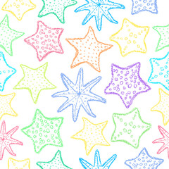 Chalk starfish background. Children drawing starfish hand drawn wax crayons art on white. Crayon style ocean animal backdrop. Color pastel crayons freehand drawn marine background. Fabric starfish.