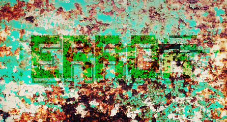 A textured metal surface, with rough rust destroying the outer layer, and the text Error.
