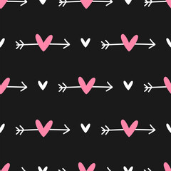 Cute seamless pattern with repeating arrows and hearts. Drawn by hand. Stylish girly print. Vector illustration. Black, white, pink. - 419217117