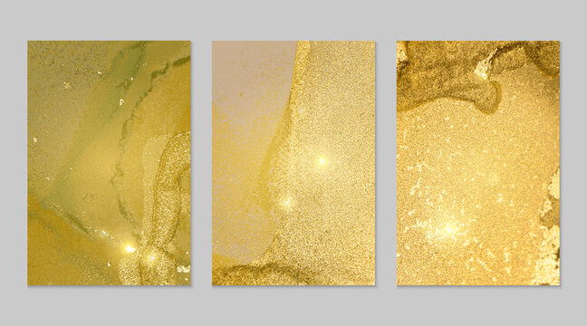 Yellow green and gold pattern with texture of geode and sparkles. Abstract vector background in alcohol ink technique. Modern paint with glitter. Set of backdrops for banner, poster design. Fluid art