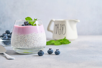 Chia seeds pudding with blueberry yogurt and fresh berries in glass prepared for healthy breakfast. Selective focus