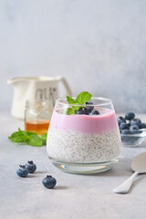 Chia seeds pudding with blueberry yogurt and fresh berries in glass prepared for healthy breakfast. Selective focus