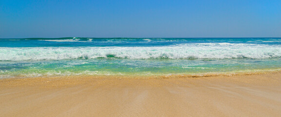 Sea view from tropical beach with sunny sky in Bali.