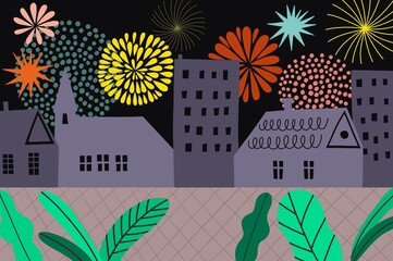 Fototapeta na wymiar Vector background of Night City Illustration in a cute style. Vector Background Art.